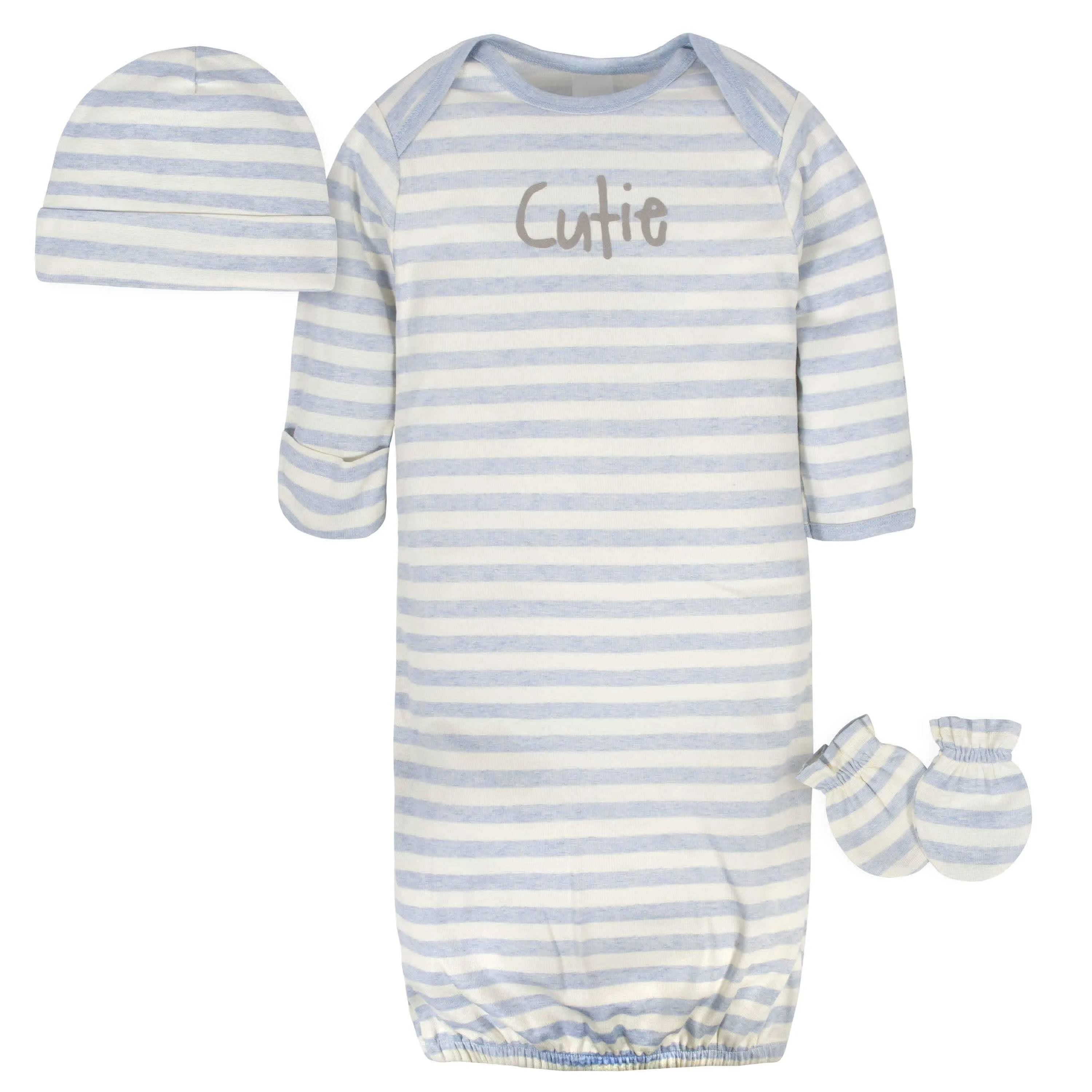 3-Piece Organic Baby Boys Cutie Gown, Cap, & No Scratch Mittens Set