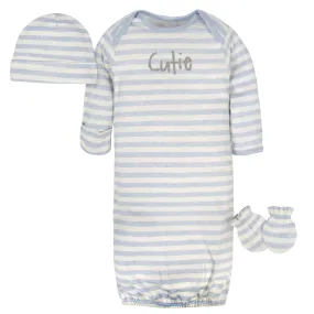 3-Piece Organic Baby Boys Cutie Gown, Cap, & No Scratch Mittens Set