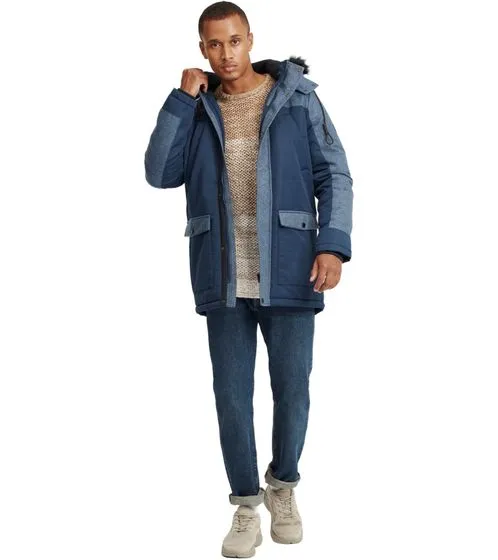 BLEND Herren Winter-Parka dicke Jacke Mikael mit abnehmbarem Kunstpelz Blau