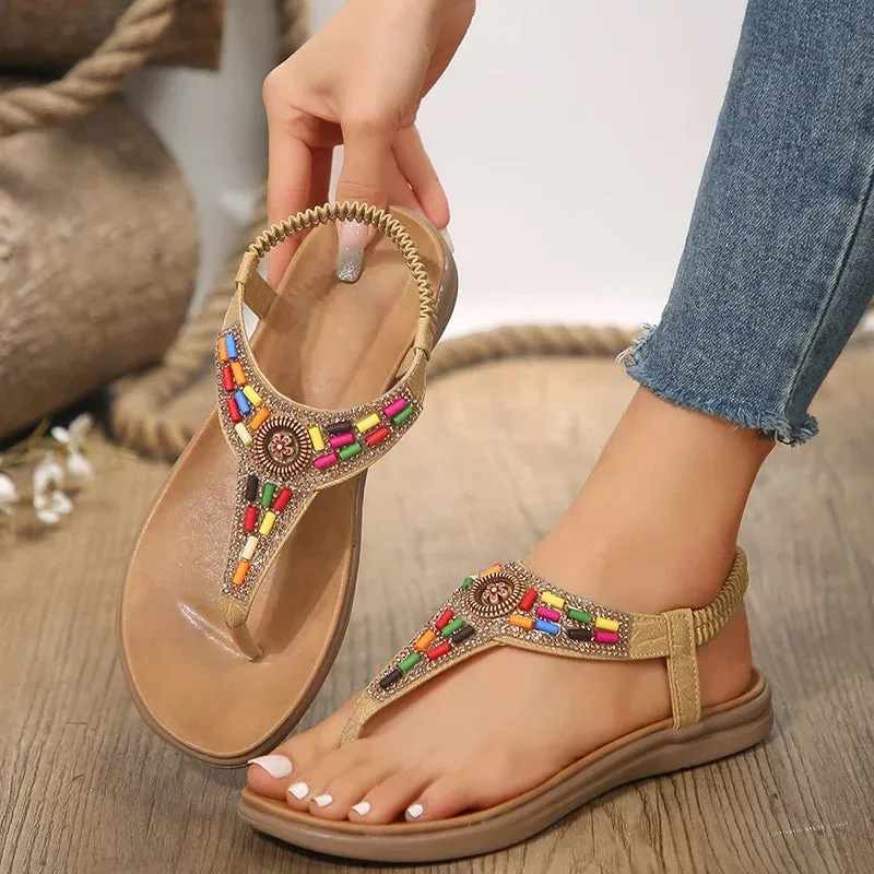 Bohemia Sandals Clip Toe Mix Color Flat Heels Bling Crystal Non-Slip