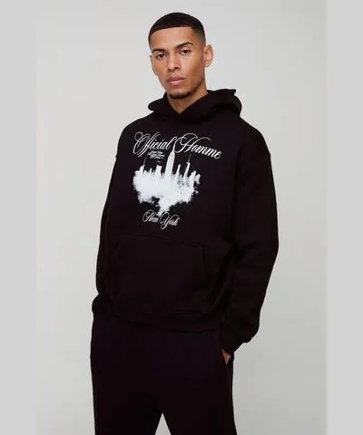 boohoo Mens Boxy Official Homme City Graphic Hoodie