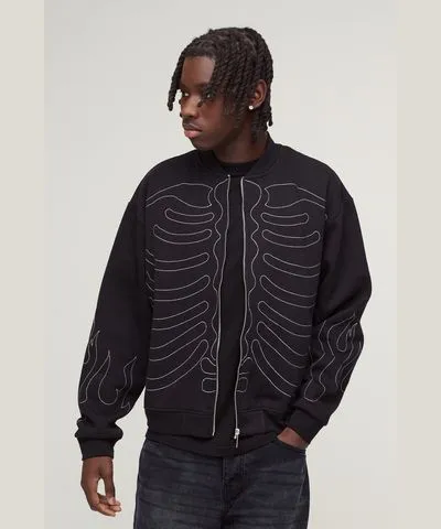 boohooMAN Mens Oversized Boxy Contrast Stitch Skull Applique Bomber Jacket