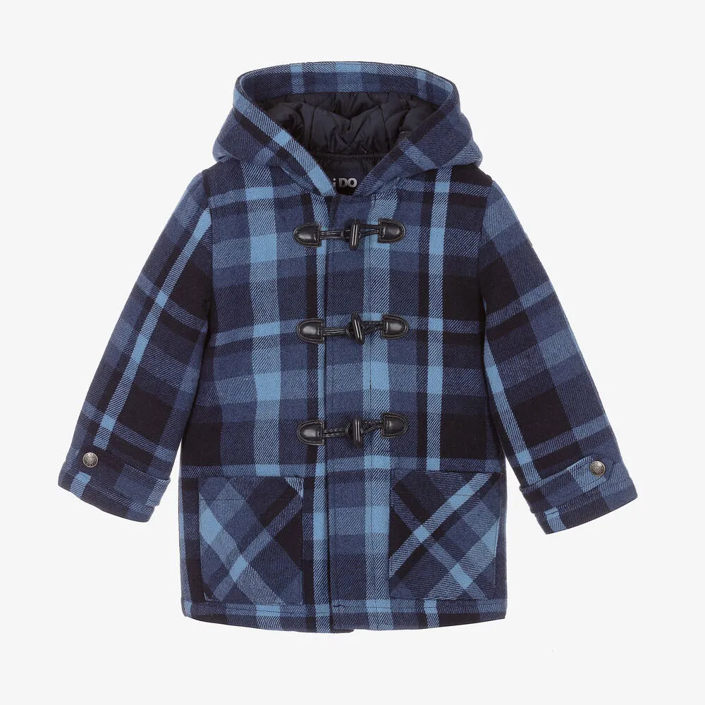 Boys Blue Check Hooded Coat