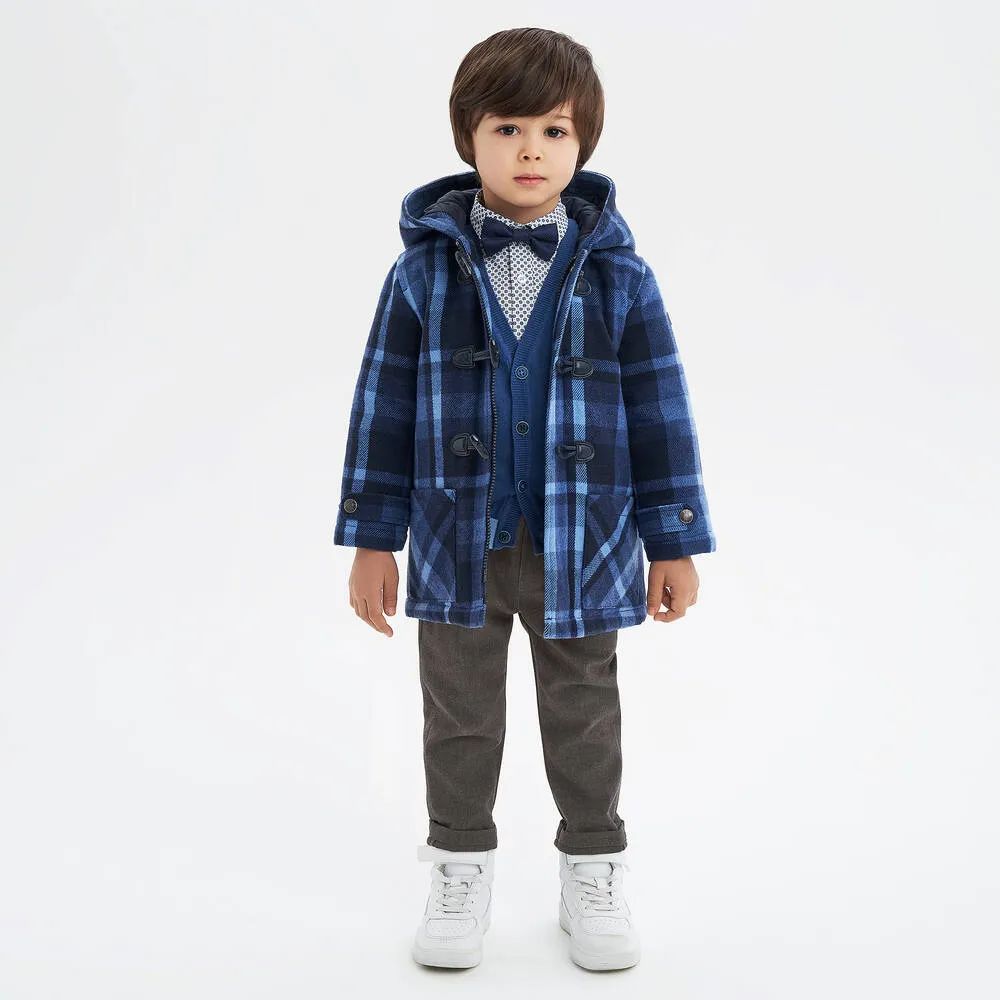 Boys Blue Check Hooded Coat