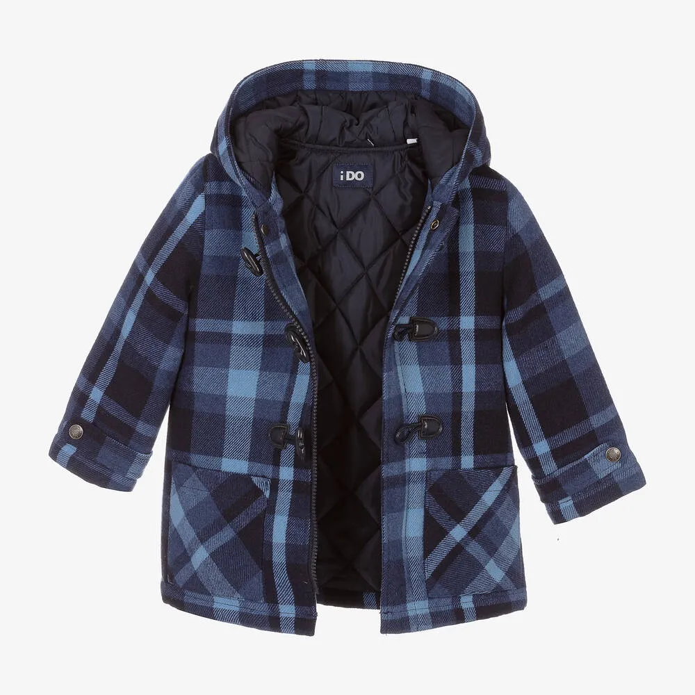 Boys Blue Check Hooded Coat