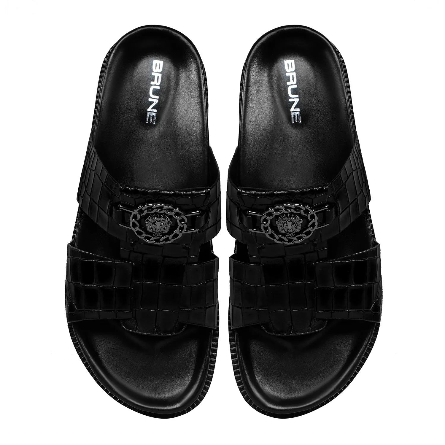 Broader Toe Strap Slippers in Black Leather