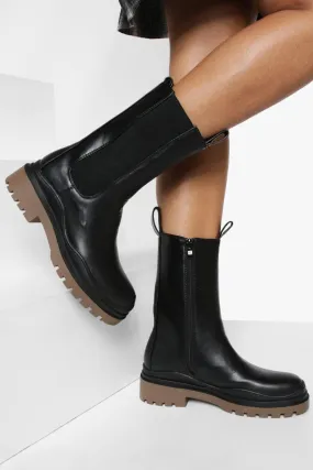 Contrast Sole Calf Height Chelsea Boots