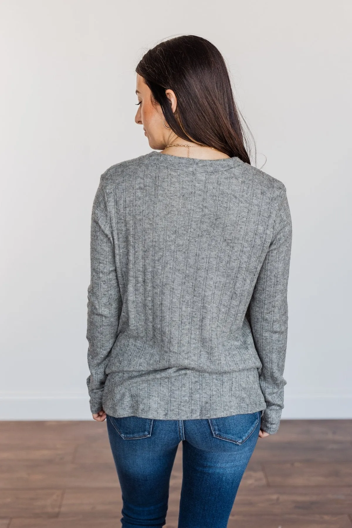 Cozy Up Close Button Henley Top- Grey