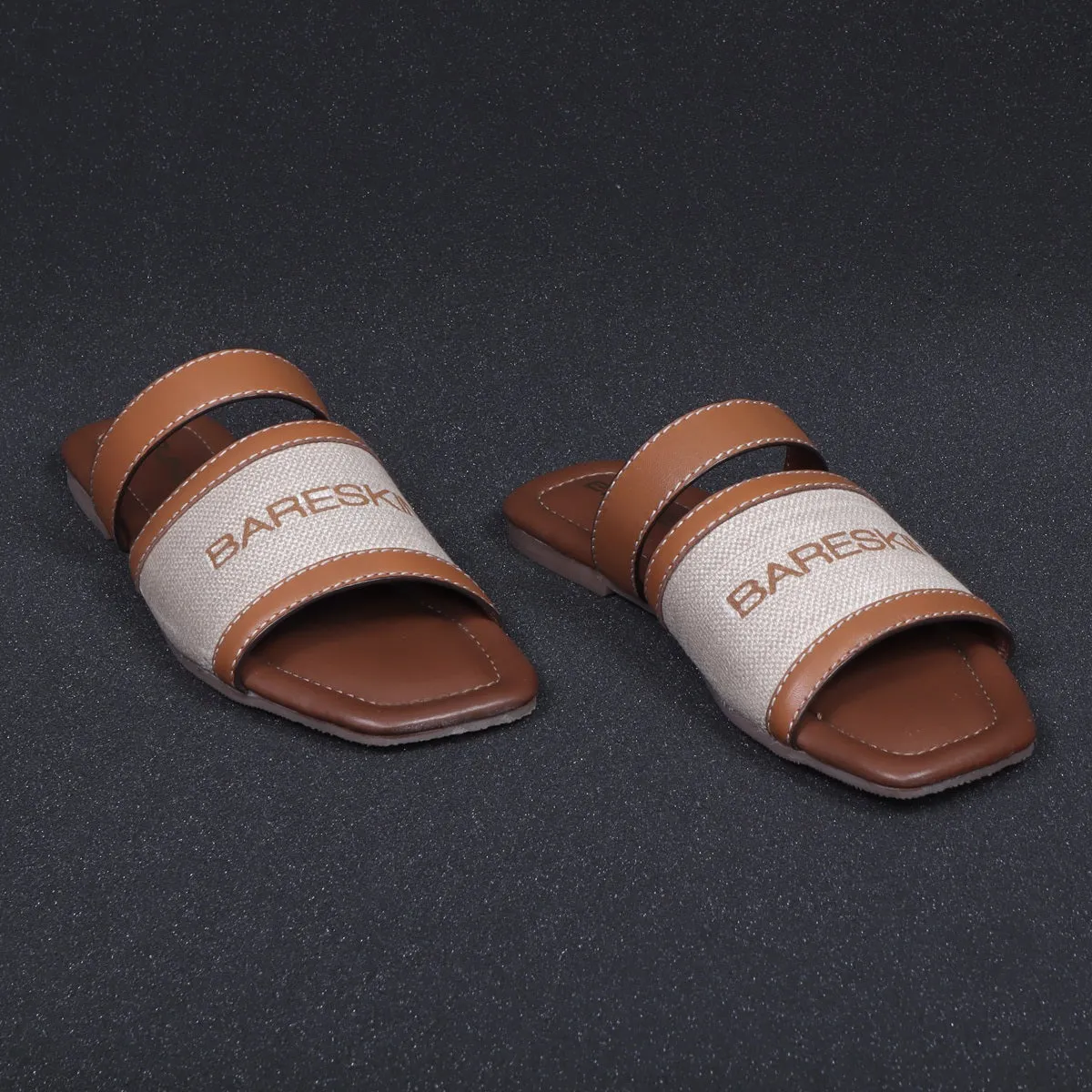 Double Band Flat Slippers In Tan for Women's