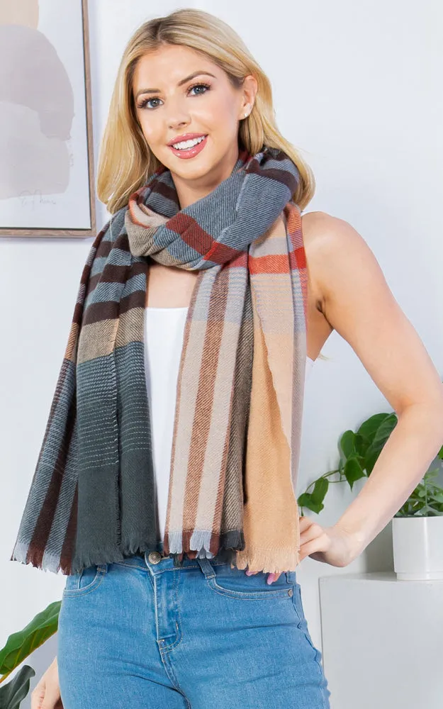 GAO4266 PLAID PATTERN OBLONG SCARF W/FRINGES