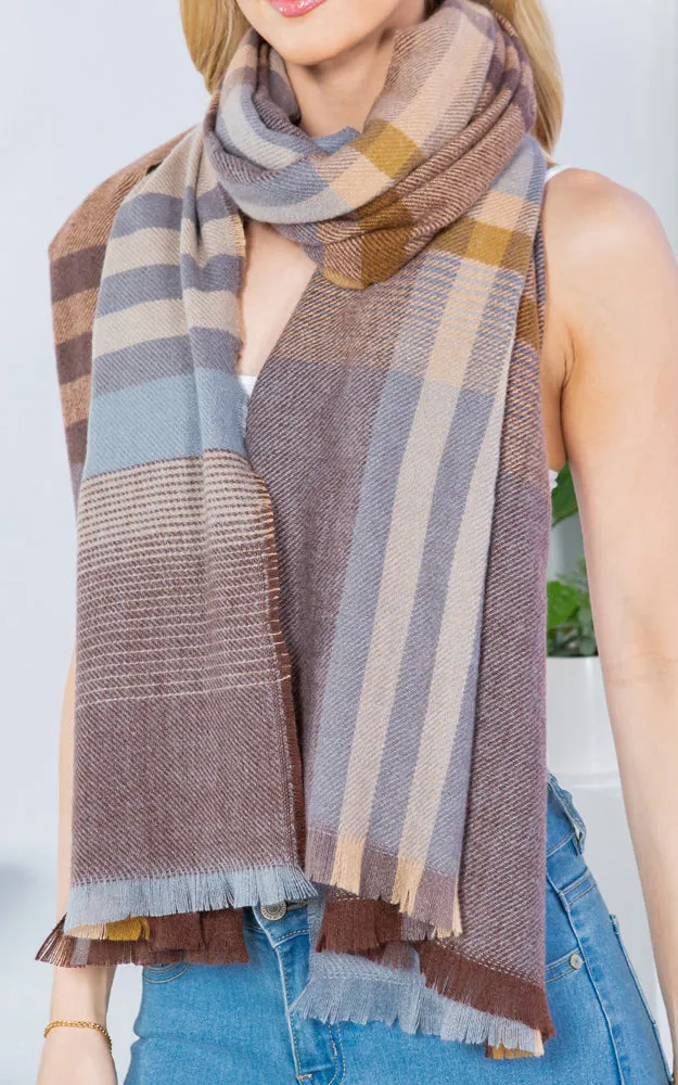 GAO4266 PLAID PATTERN OBLONG SCARF W/FRINGES