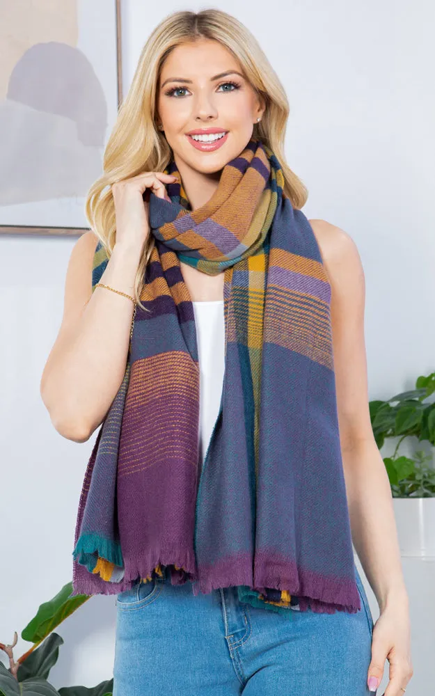 GAO4266 PLAID PATTERN OBLONG SCARF W/FRINGES