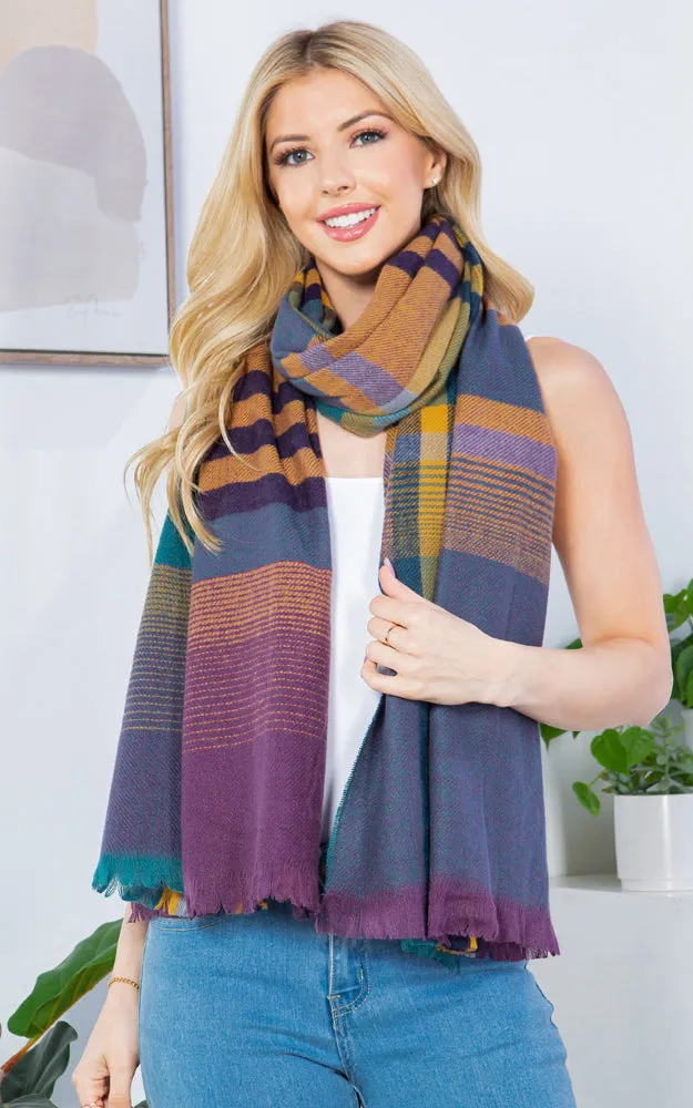 GAO4266 PLAID PATTERN OBLONG SCARF W/FRINGES