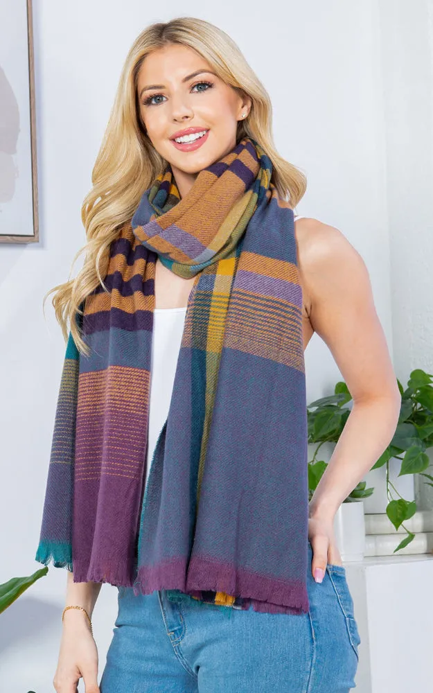 GAO4266 PLAID PATTERN OBLONG SCARF W/FRINGES