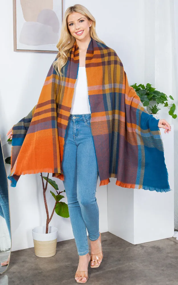 GAO4266 PLAID PATTERN OBLONG SCARF W/FRINGES