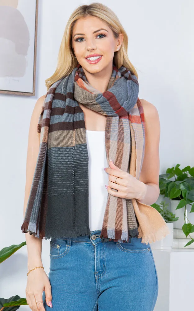 GAO4266 PLAID PATTERN OBLONG SCARF W/FRINGES