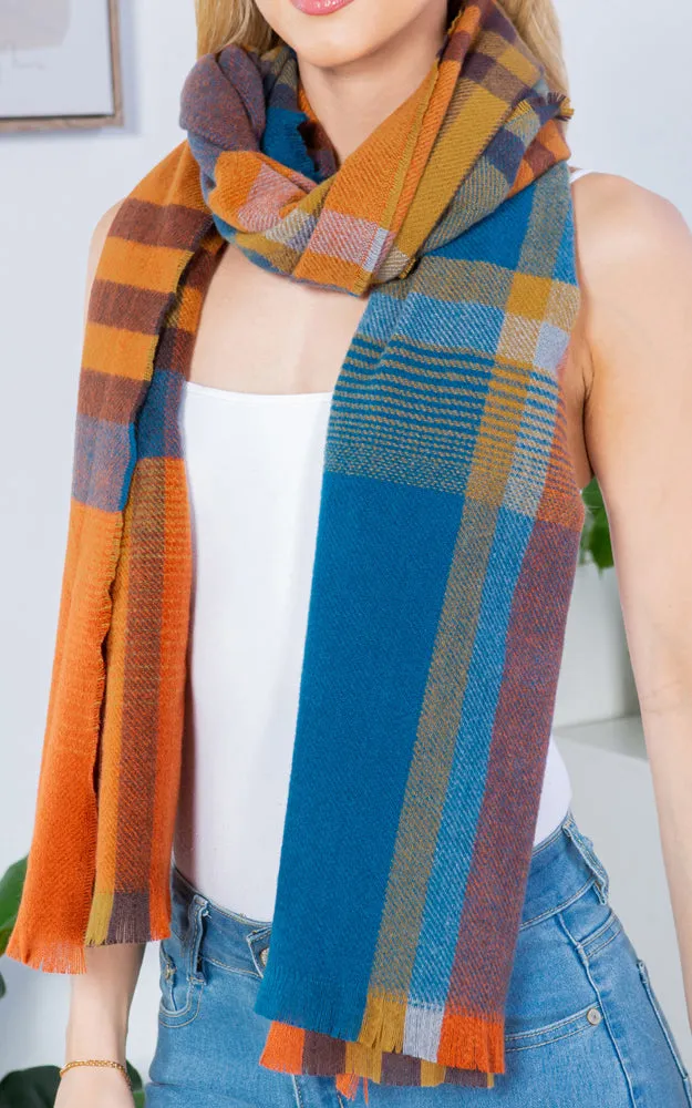 GAO4266 PLAID PATTERN OBLONG SCARF W/FRINGES