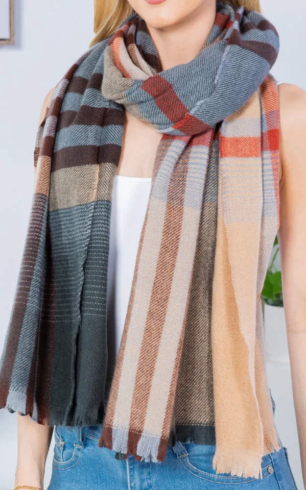 GAO4266 PLAID PATTERN OBLONG SCARF W/FRINGES