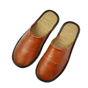 Genuine Leather Men's Home Slippers Linen Bottom Indoor Flat