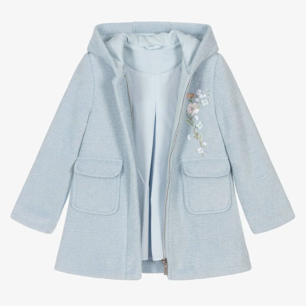 Girls Blue Hooded Flower Coat