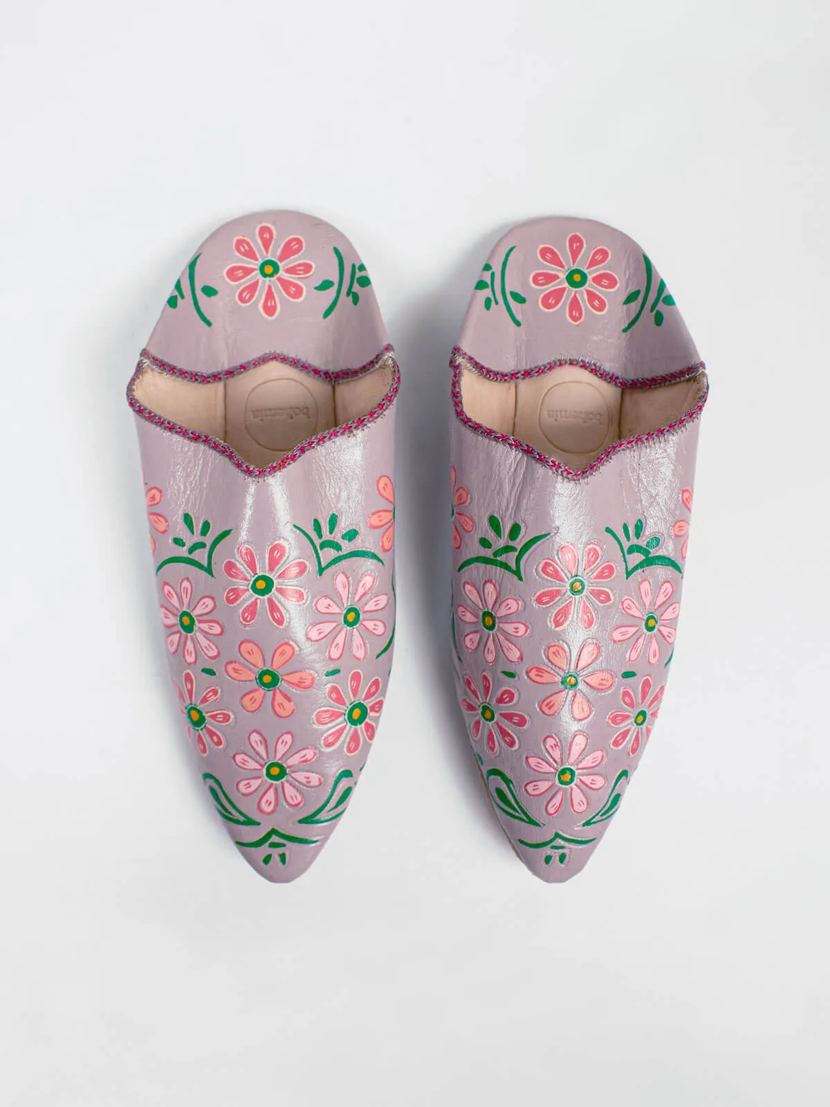 Hand Painted Flower Babouche Slippers, Lilac