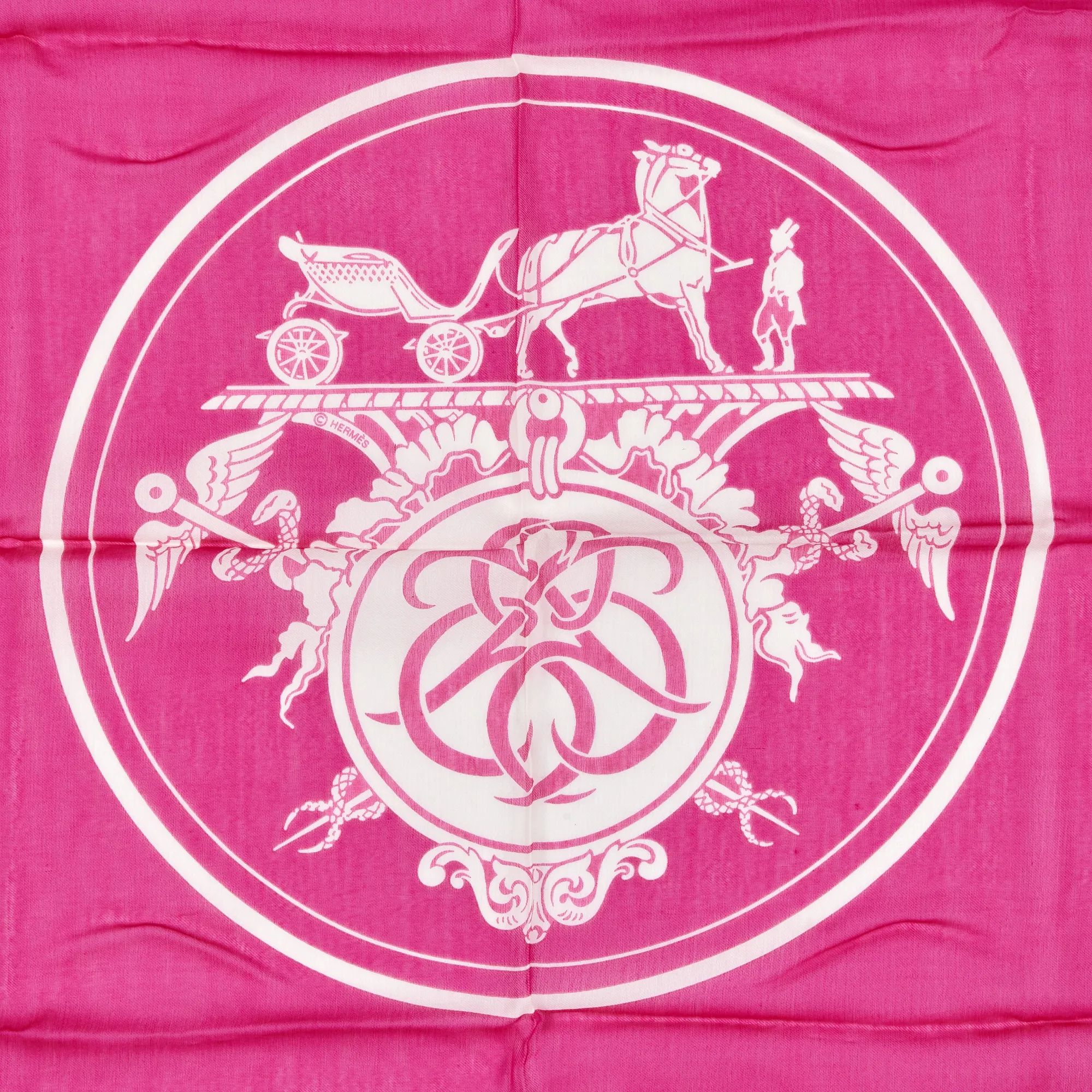 Hermès Pink and White Carriage Cotton and Silk Scarf