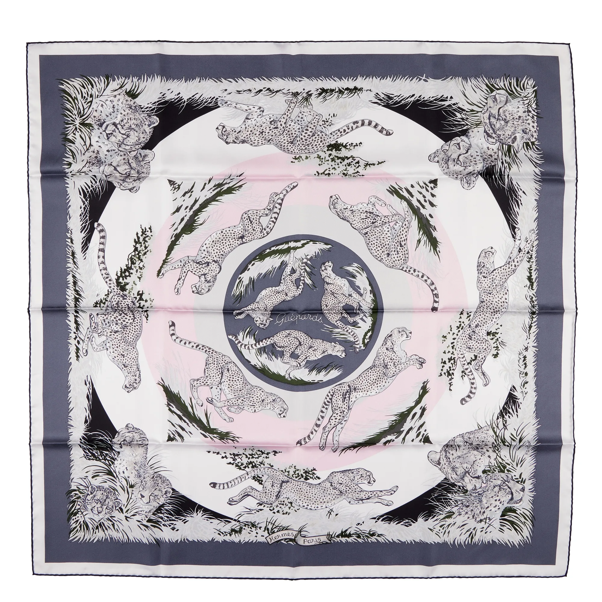 Hermès Pink, Purple, Black and White Silk Guepards Scarf by Robert Dallet 90