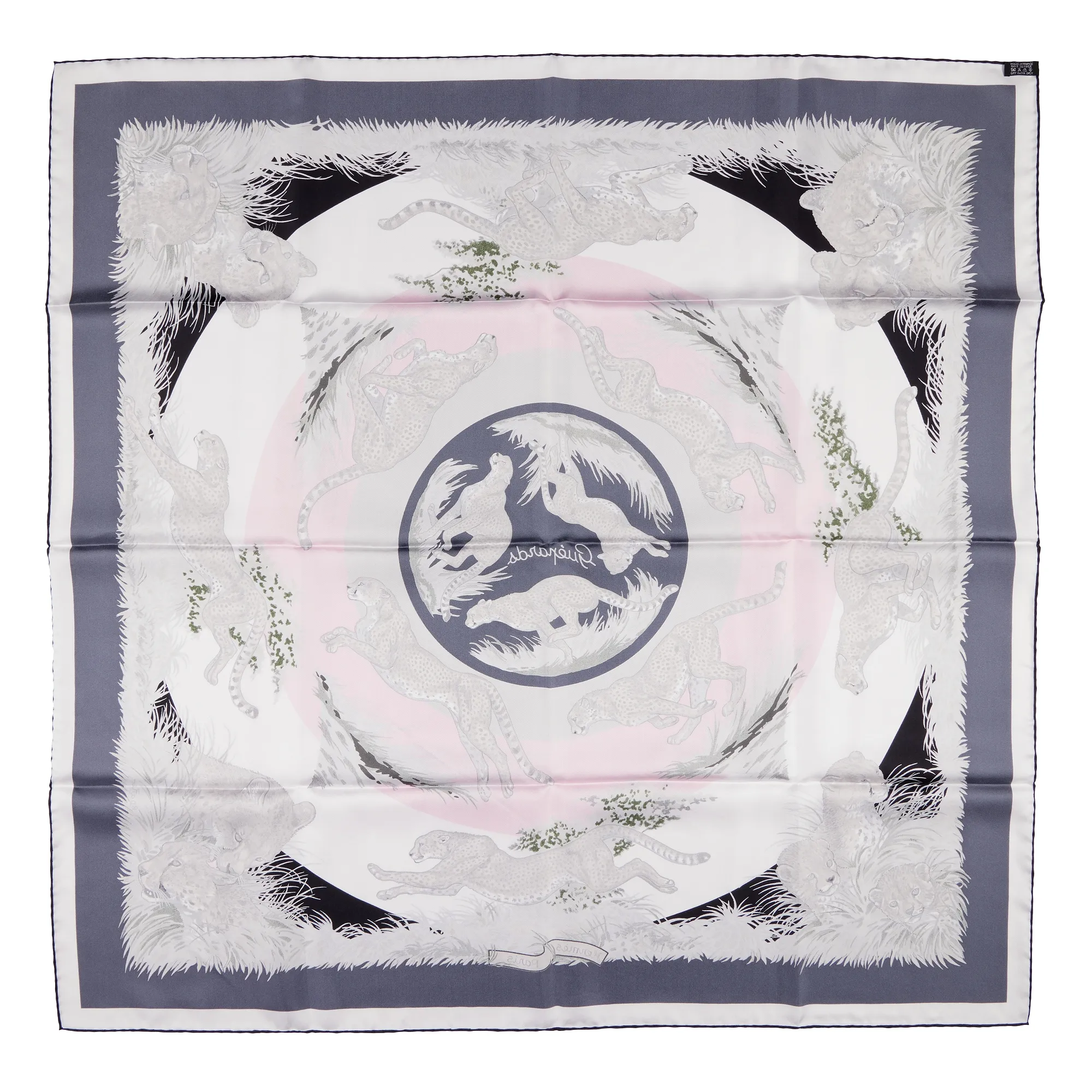 Hermès Pink, Purple, Black and White Silk Guepards Scarf by Robert Dallet 90