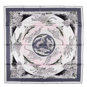 Hermès Pink, Purple, Black and White Silk Guepards Scarf by Robert Dallet 90