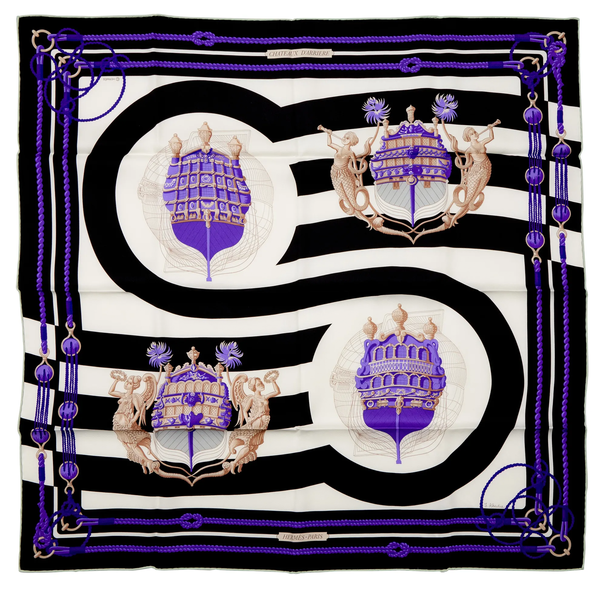 Hermès White, Black, Beige and Purple Silk Chateaux D' Arriere Scarf by Julia Abadie 70