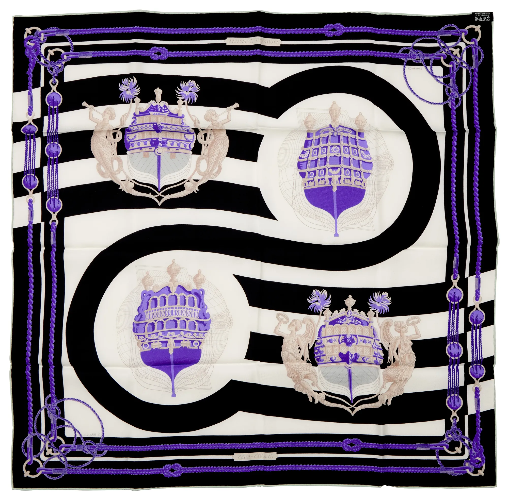 Hermès White, Black, Beige and Purple Silk Chateaux D' Arriere Scarf by Julia Abadie 70