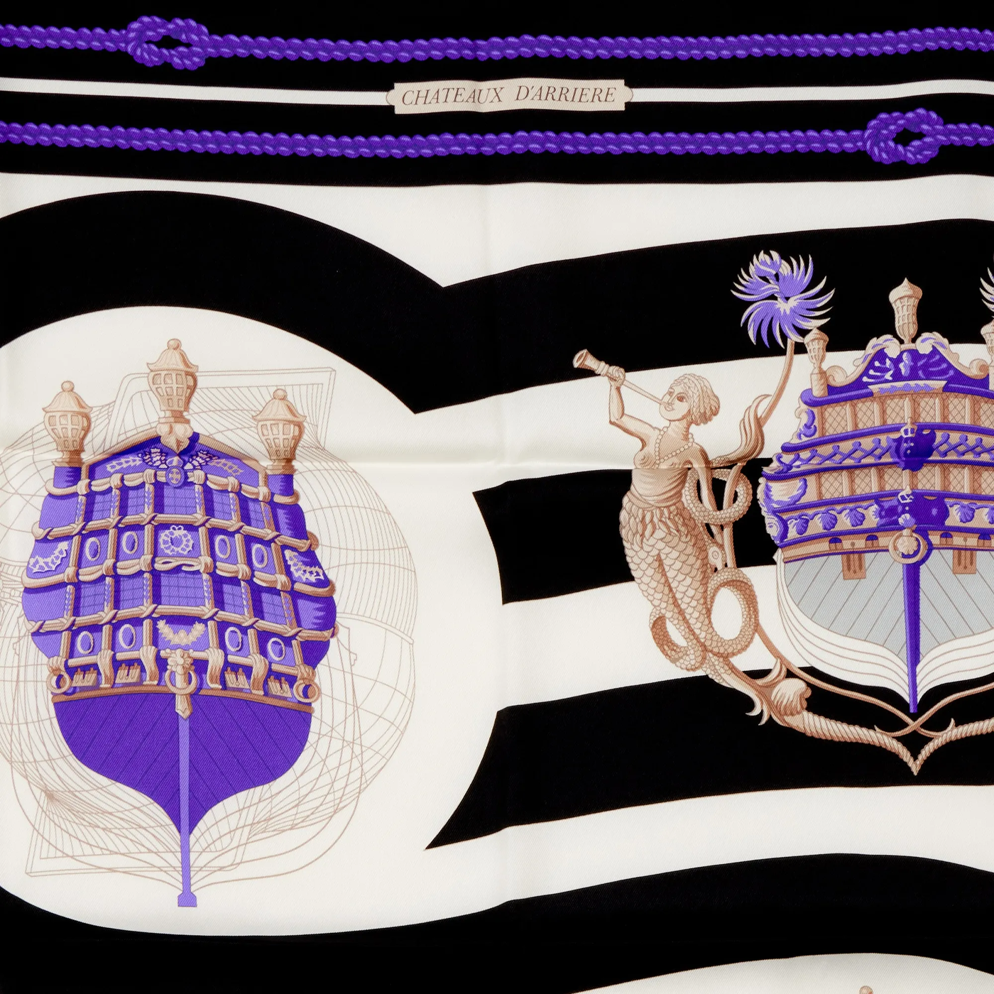 Hermès White, Black, Beige and Purple Silk Chateaux D' Arriere Scarf by Julia Abadie 70