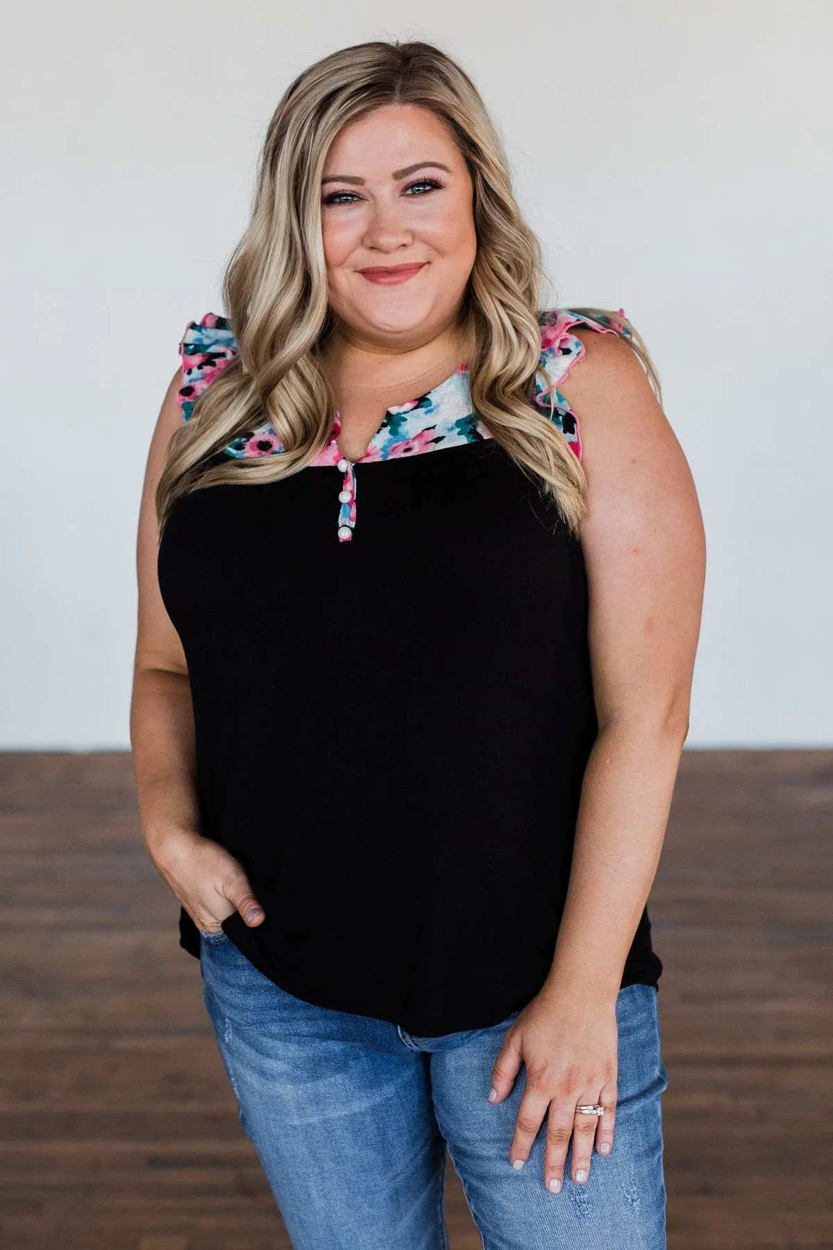 Light In The Dark Floral Ruffle Sleeve Top- Black