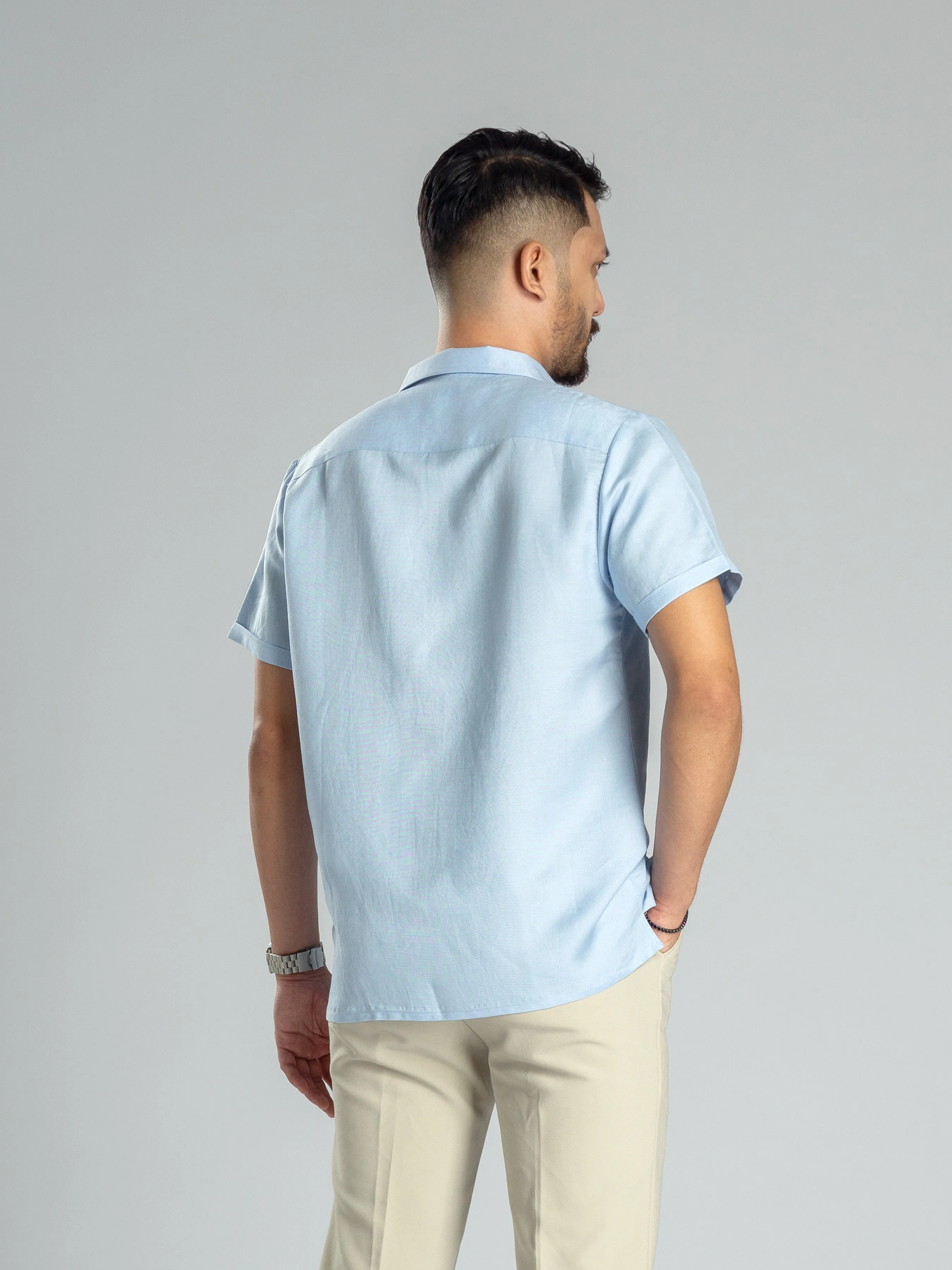 Linen Cuban Collar Shirt - Light Blue