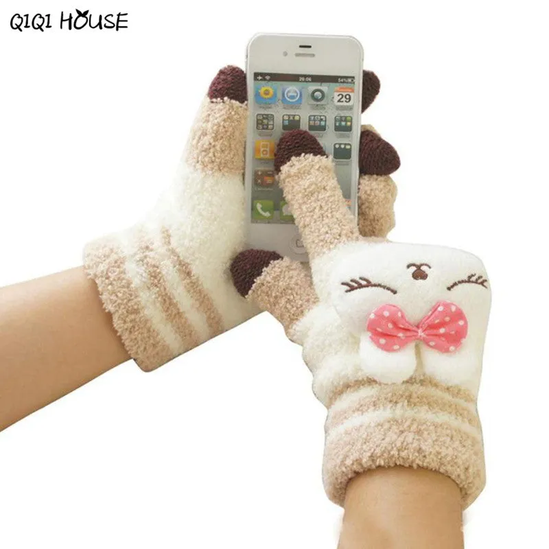 Lovely Panda Winter Gloves Screen Hand Warm Gloves Striped Outwear Gloves Eldiven Guantes Mujer#B921 SM6