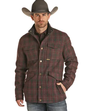 Mens Burgundy Plaid Wool 3/4 Length Full Zipper Snap Jacket