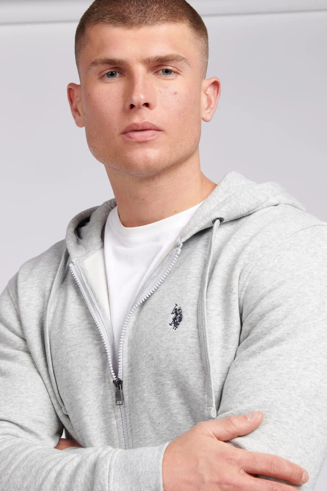 Mens Double Horsemen Zip Hoodie in Mid Grey Marl