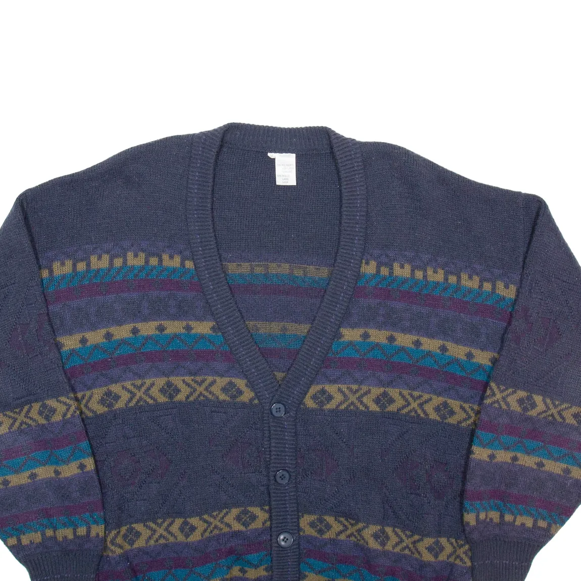 Mens Patterned Cardigan Blue Fair Isle V-Neck Chunky Knit M