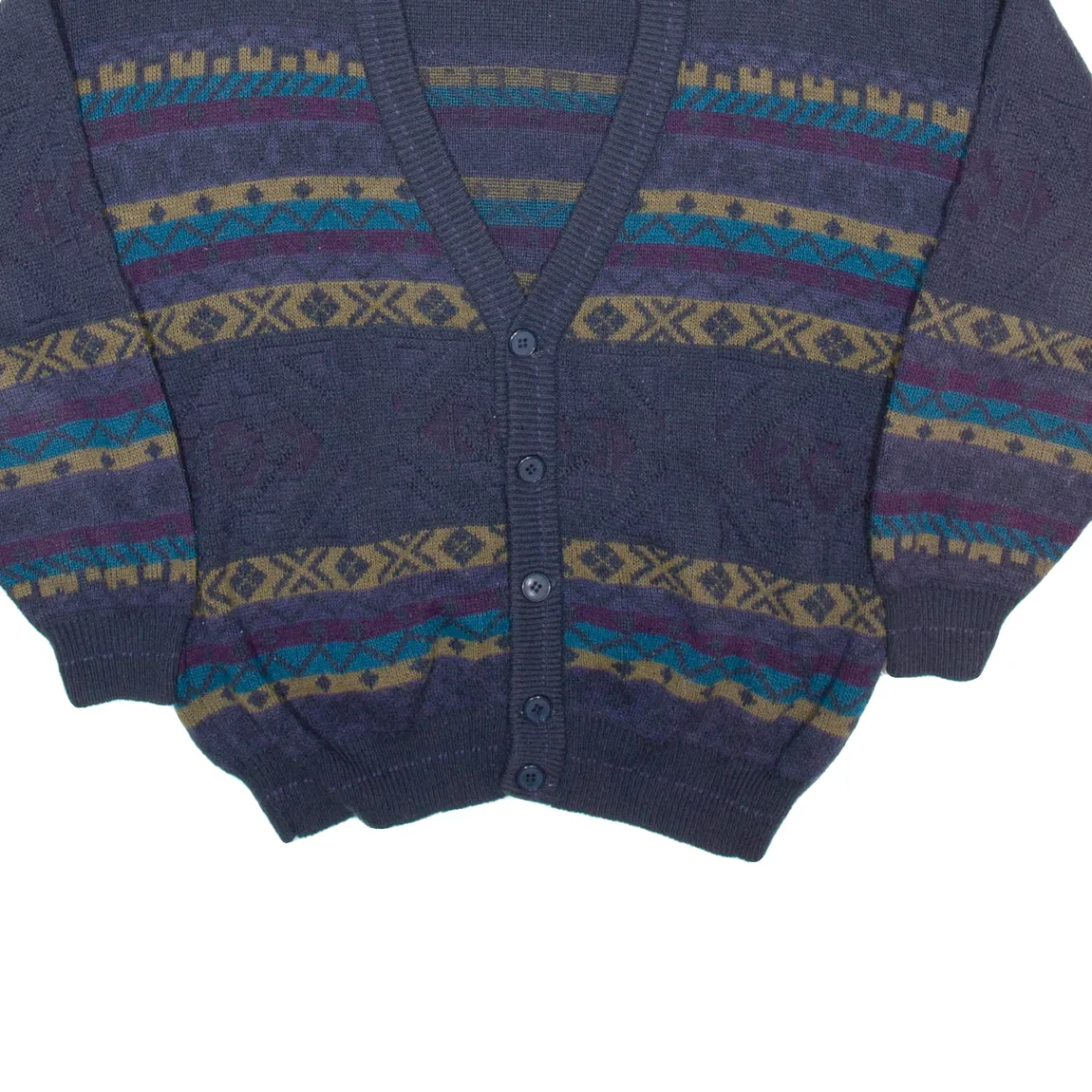 Mens Patterned Cardigan Blue Fair Isle V-Neck Chunky Knit M