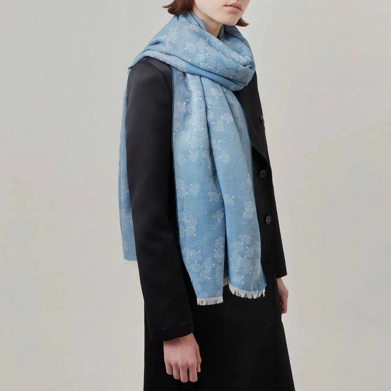 MULBERRY Tamara Logo Tree Fringed Scarf - Denim Blue