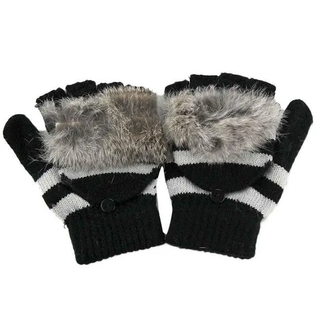 New Fashion   Mittens For Womens Knitted Warm  Gloves Female Faux Fur Pompom Ball Gloves Women guantes mujer GS