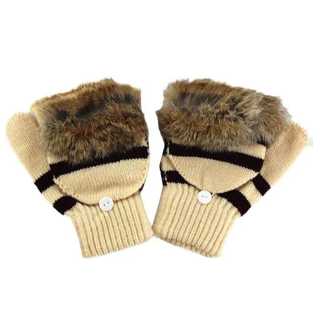 New Fashion   Mittens For Womens Knitted Warm  Gloves Female Faux Fur Pompom Ball Gloves Women guantes mujer GS