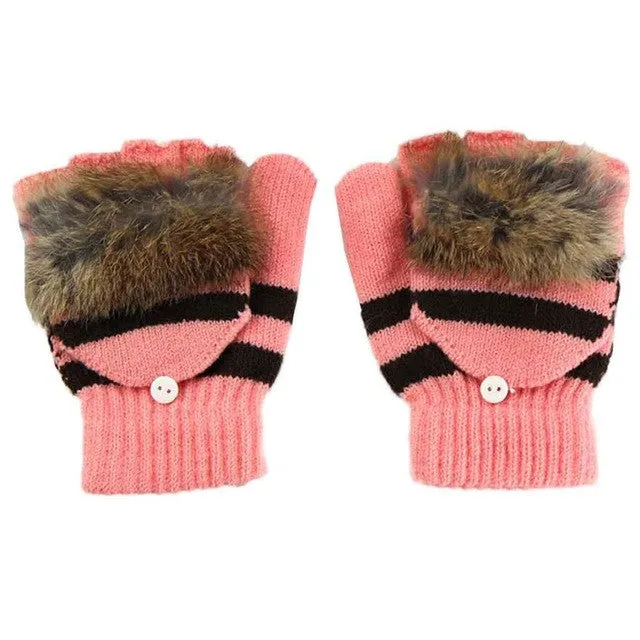 New Fashion   Mittens For Womens Knitted Warm  Gloves Female Faux Fur Pompom Ball Gloves Women guantes mujer GS