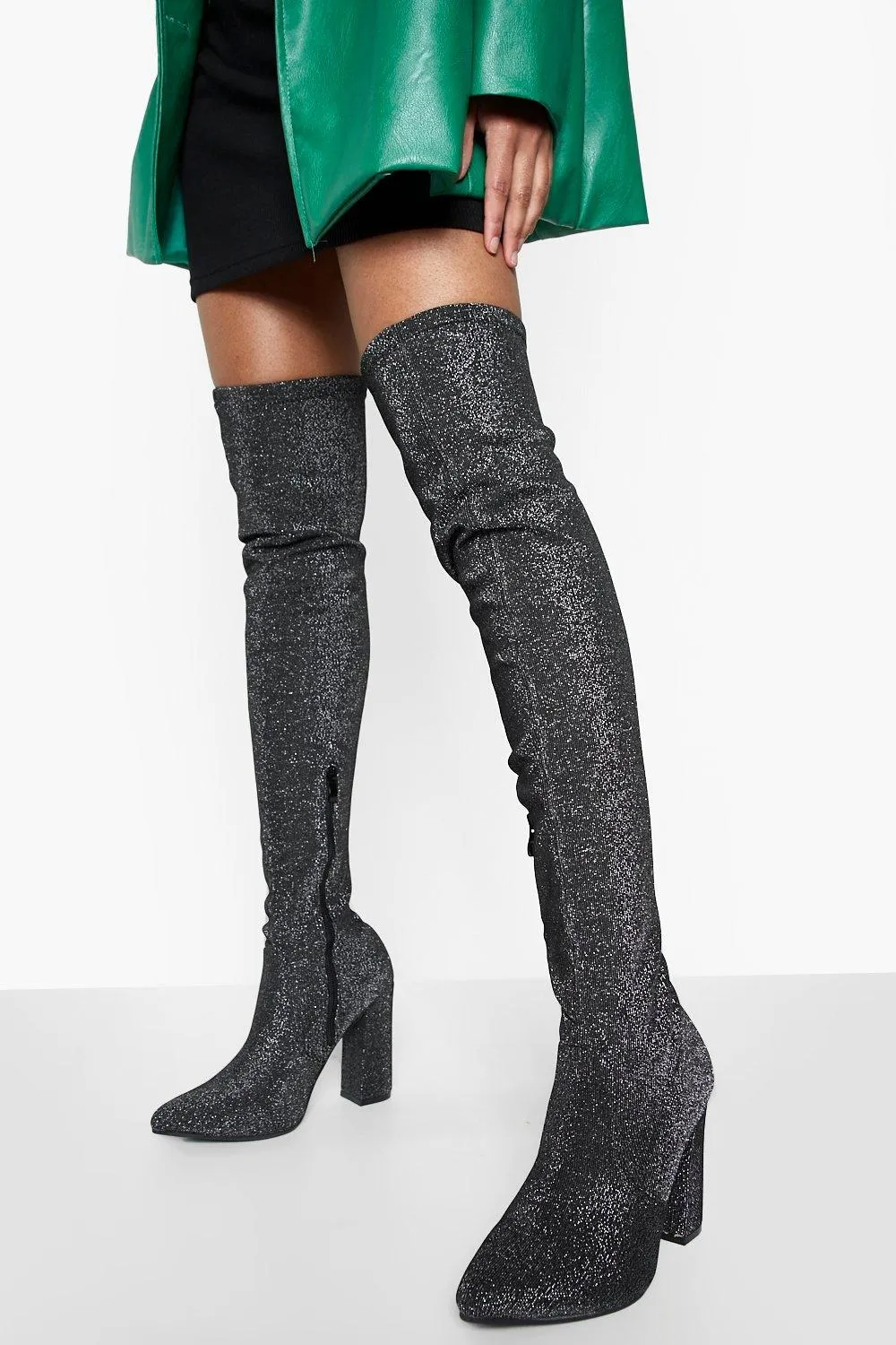 Over The Knee Block Heel Glitter Boots