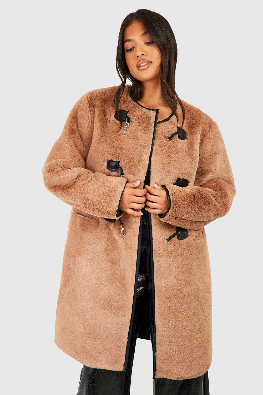 Petite Faux Fur Buckle Detail Coat