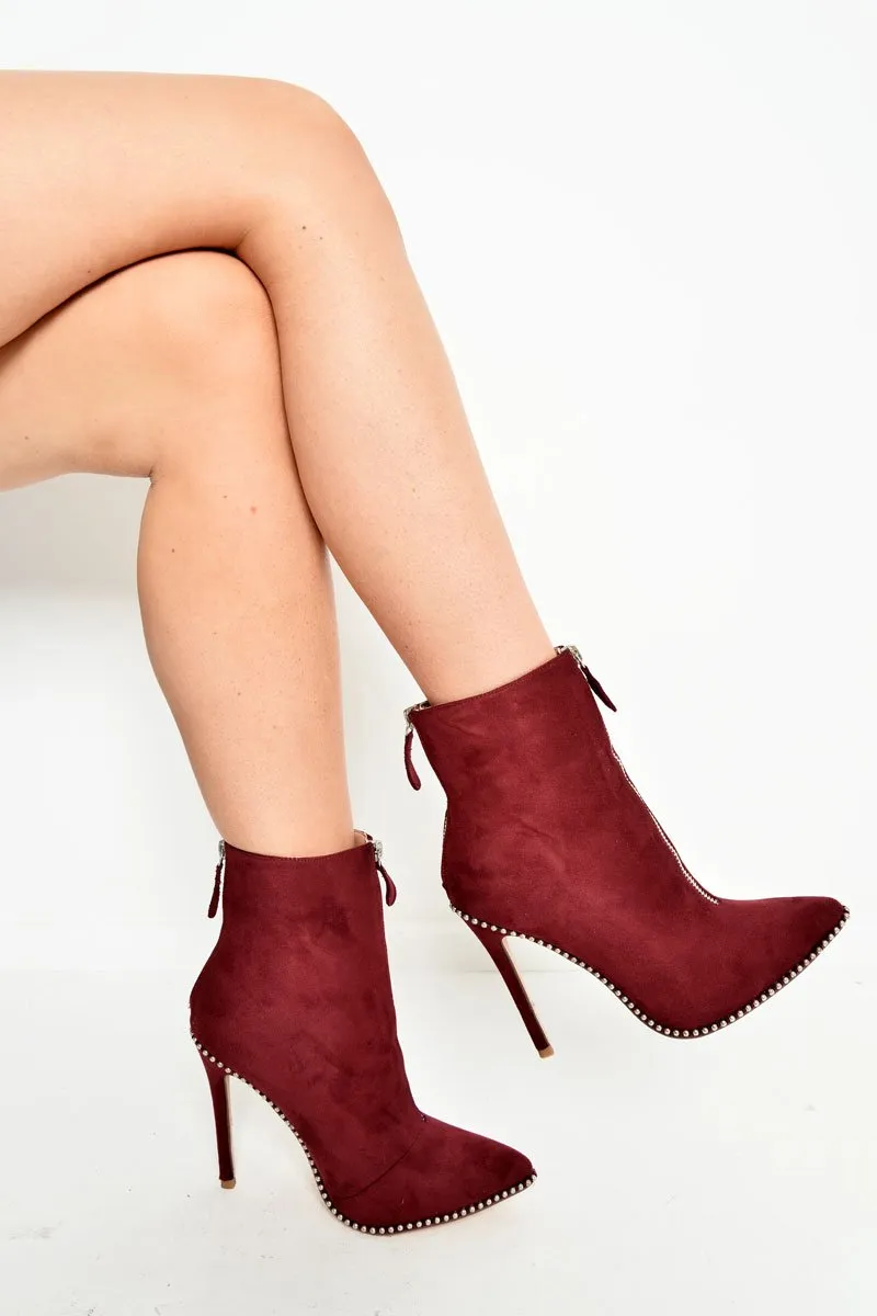 Red Faux Suede Studded Zip Up Shoe Boots - Niomi