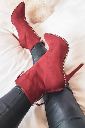 Red Faux Suede Studded Zip Up Shoe Boots - Niomi