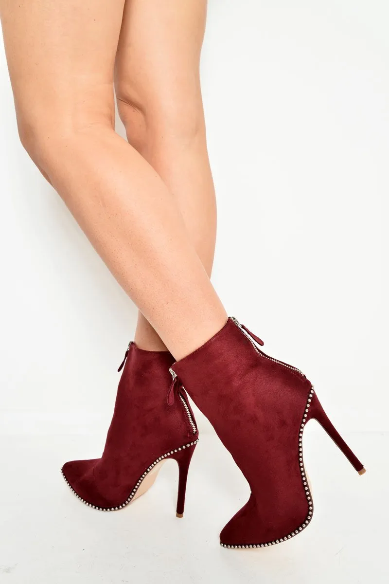 Red Faux Suede Studded Zip Up Shoe Boots - Niomi