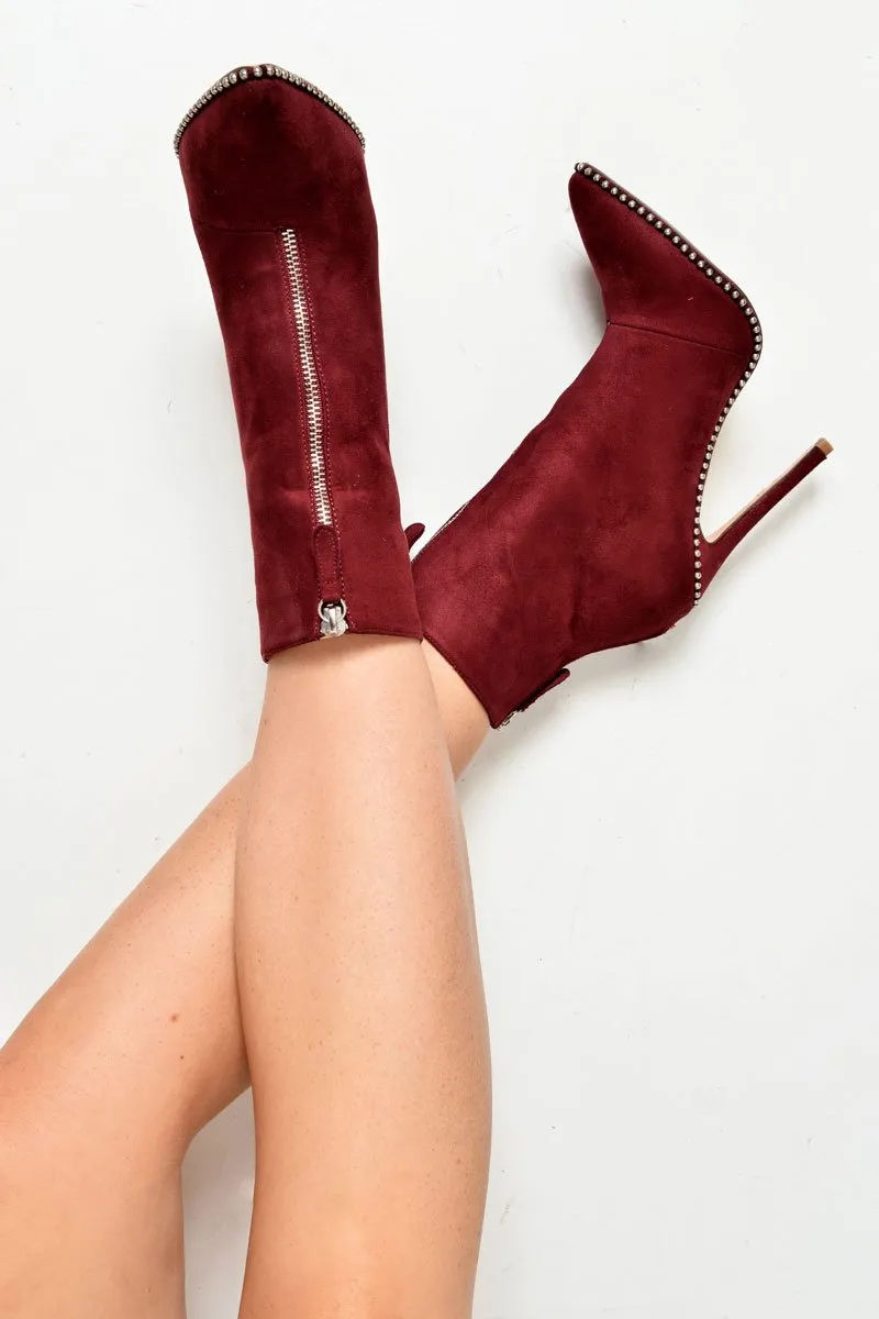 Red Faux Suede Studded Zip Up Shoe Boots - Niomi