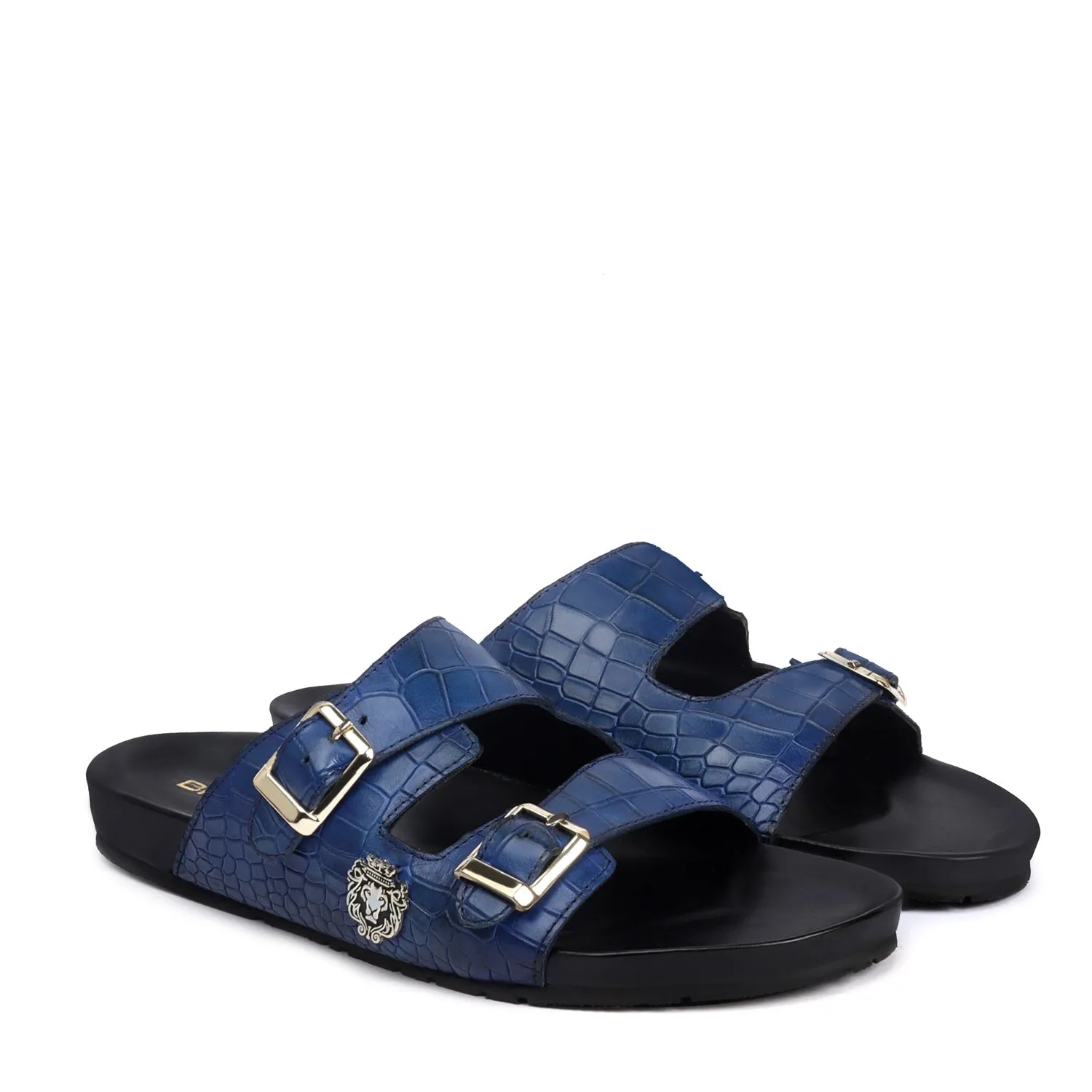 Slide-in Slippers in Blue Deep Cut Leather